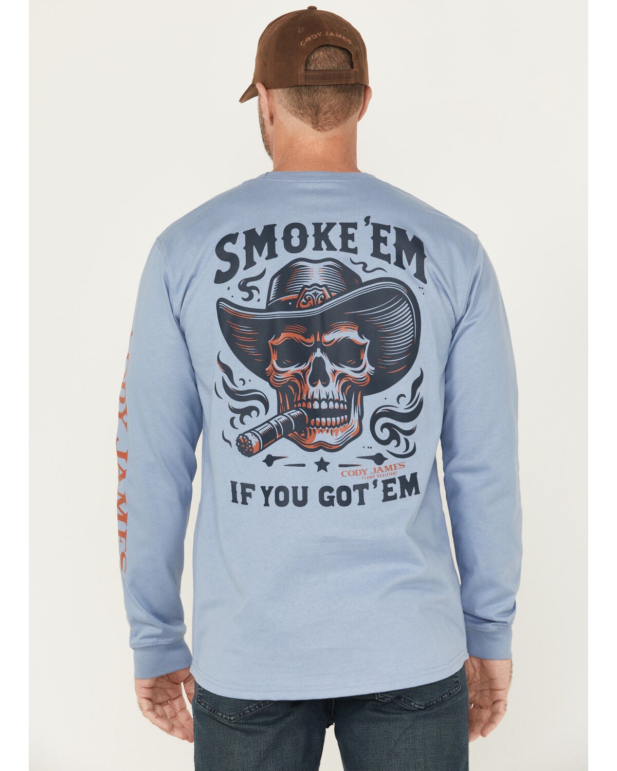 Cody James Men's FR Smoke Em Long Sleeve Graphic Work T-Shirt, Light Blue, hi-res