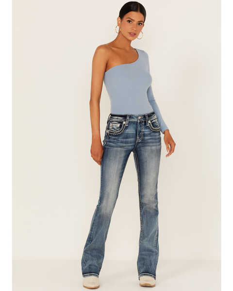 Miss Me Women's Border Flap Pocket Bootcut Jeans, Blue, hi-res