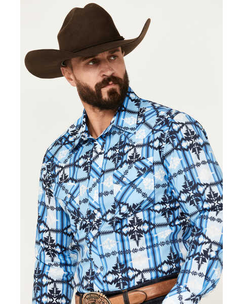 Image #2 - Rock & Roll Denim Men's Southwestern Print Vintage Long Sleeve Pearl Snap Western Shirt, Blue, hi-res