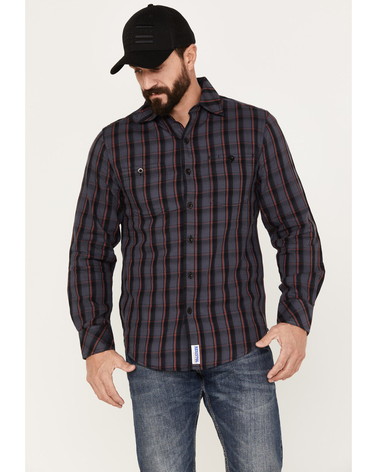 Image #1 - Resistol Men's Telluride Plaid Print Long Sleeve Button Down Western Shirt, Black/grey, hi-res