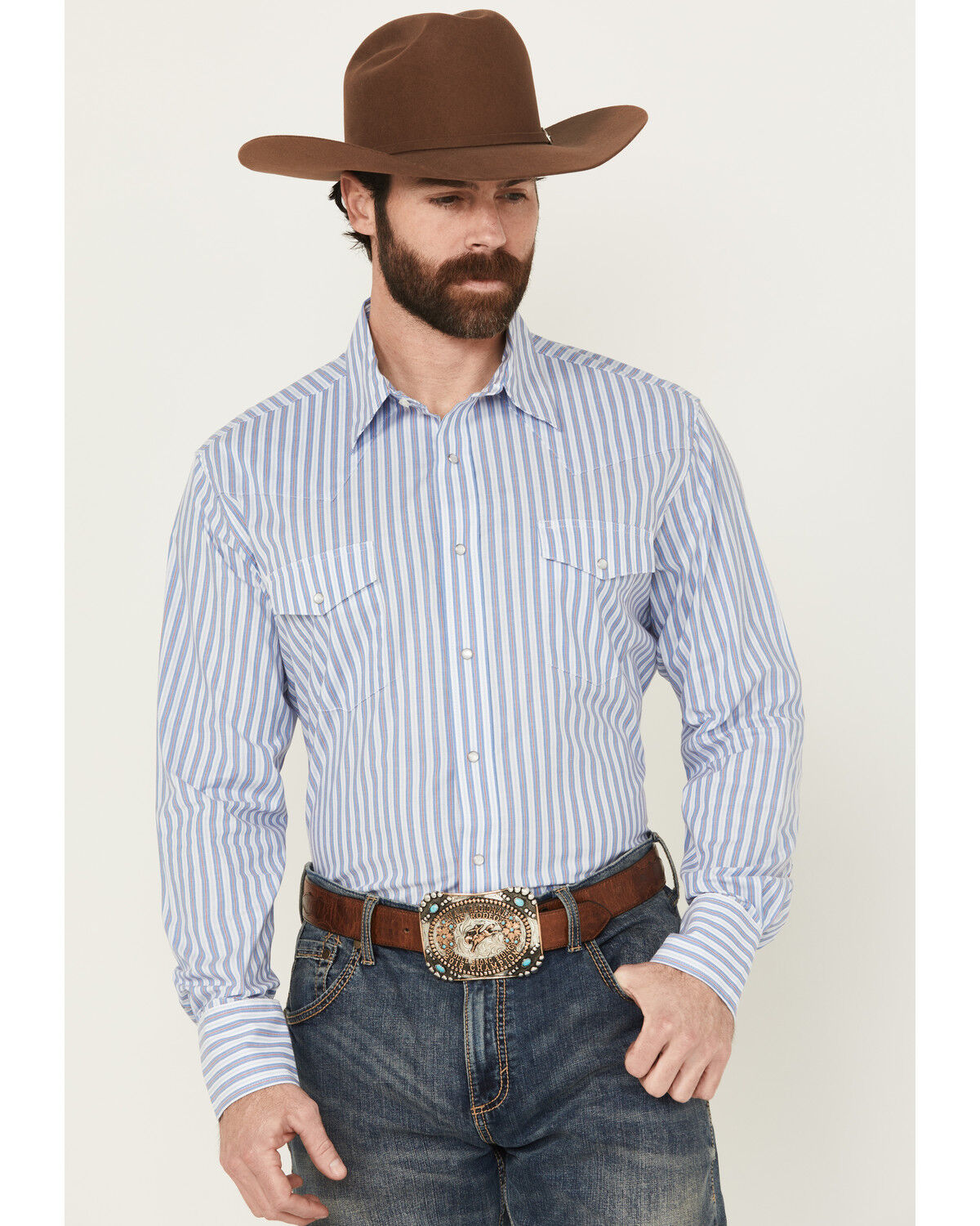 Image #1 - Wrangler Men's Striped Print Long Sleeve Snap Stretch Western Print, Blue, hi-res