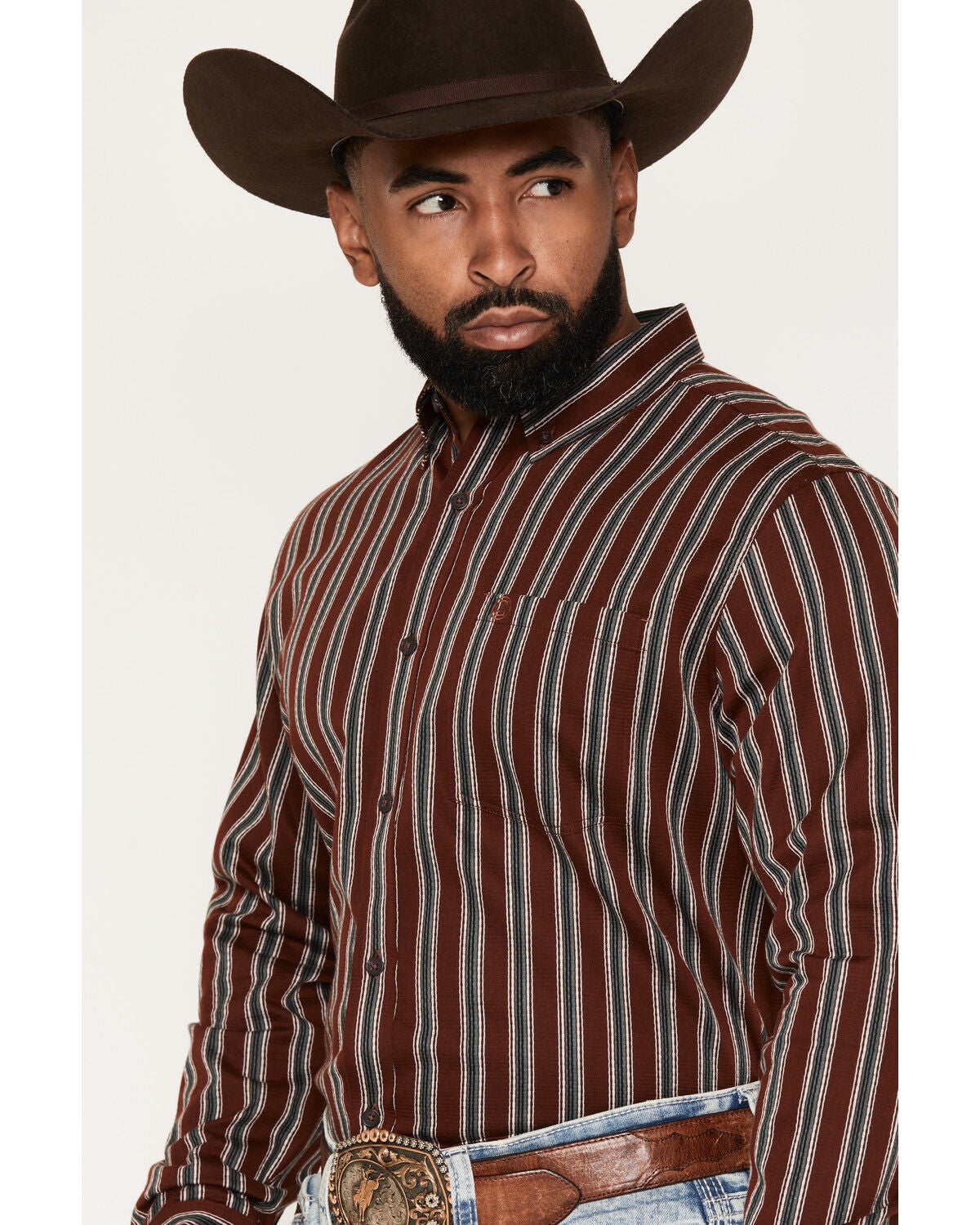 Image #2 - Cody James Men's Red Racer Striped Print Long Sleeve Button-Down Western Shirt, Burgundy, hi-res