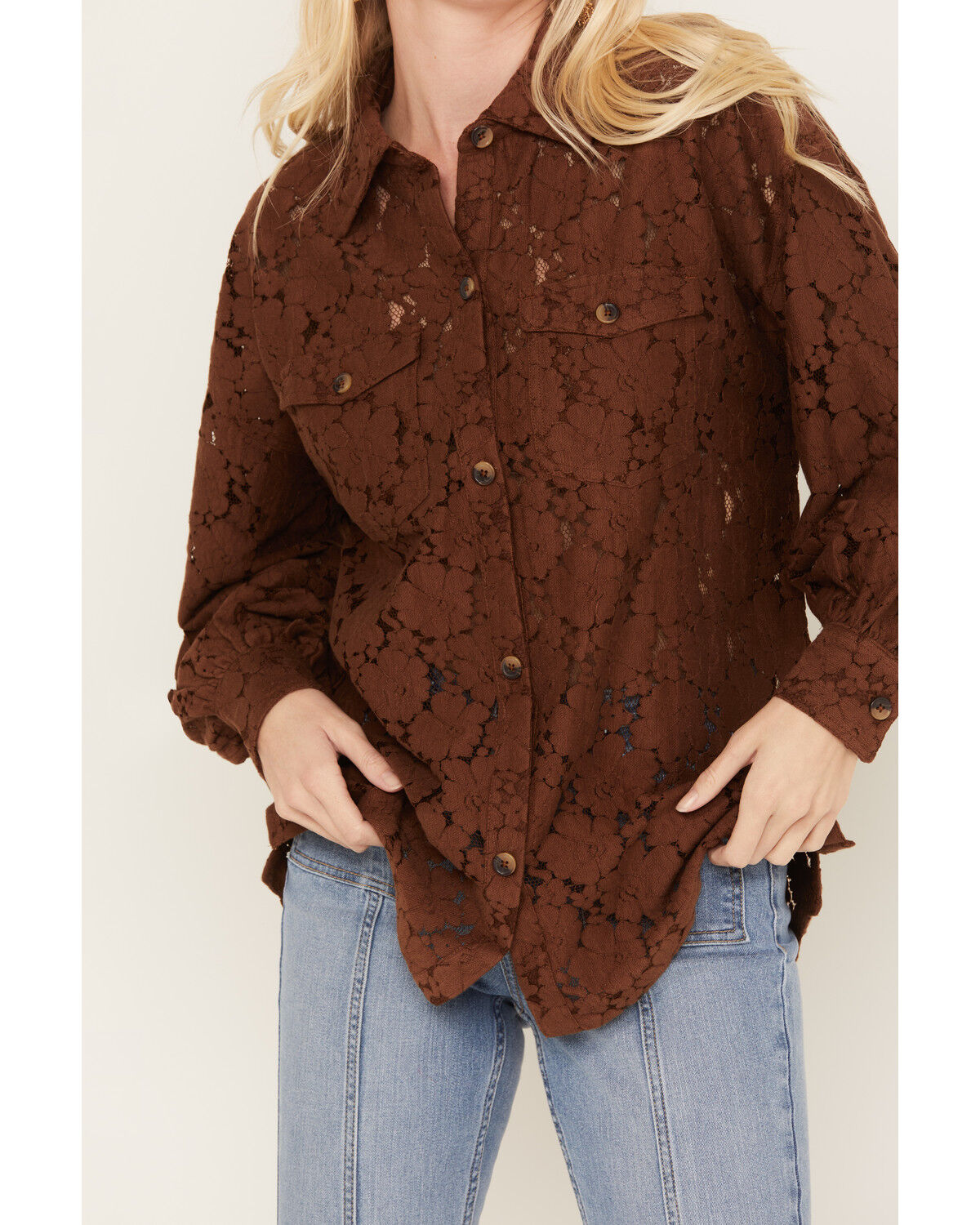 Image #3 - Shyanne Women's Lace Fringe Button-Down Shacket, Dark Brown, hi-res