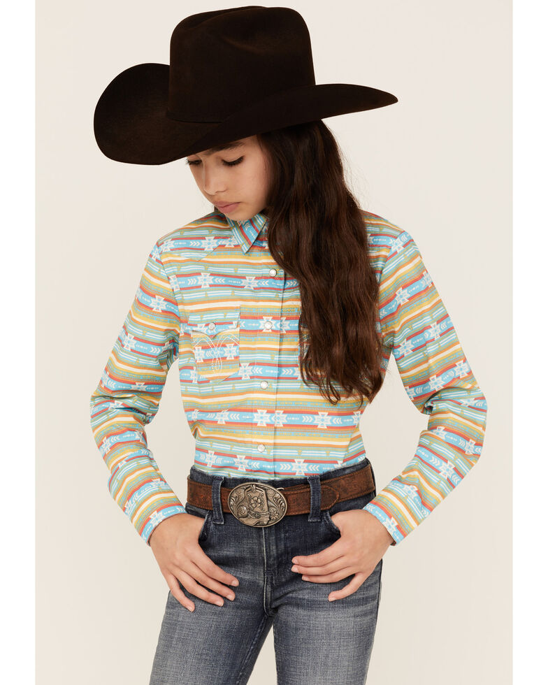 Panhandle Girls' Southwestern Stripe Print Long Sleeve Western Snap Shirt, Turquoise, hi-res