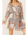 Image #2 - Lovestitch Women's Natural Periwinkle Patchwork Print Bell Sleeve Mini Dress, Periwinkle, hi-res