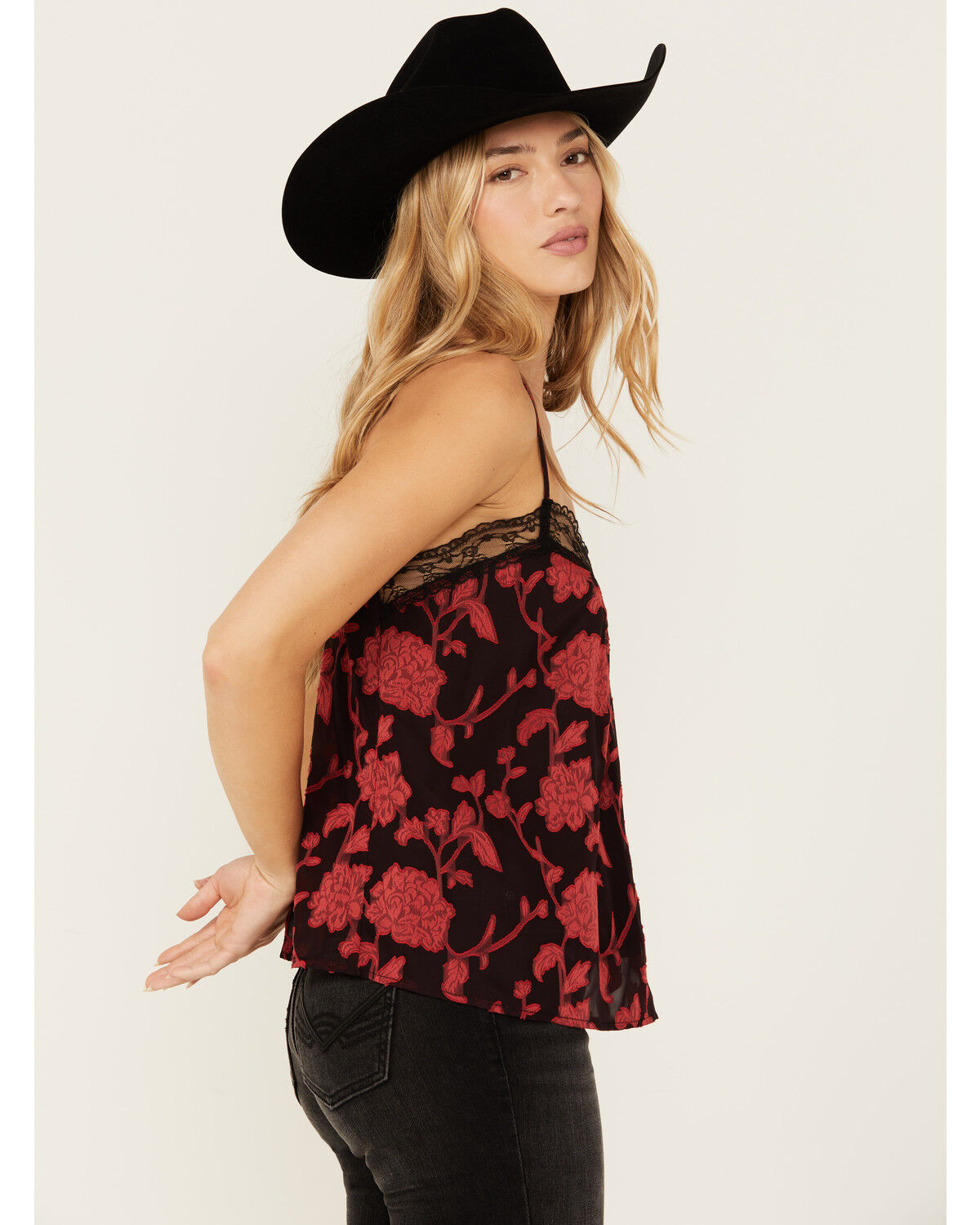Image #2 - Wild Moss Women's Floral Print Jacquard Lace Cami, Red, hi-res