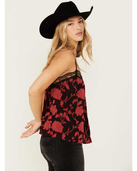Image #2 - Wild Moss Women's Floral Print Jacquard Lace Cami , Red, hi-res