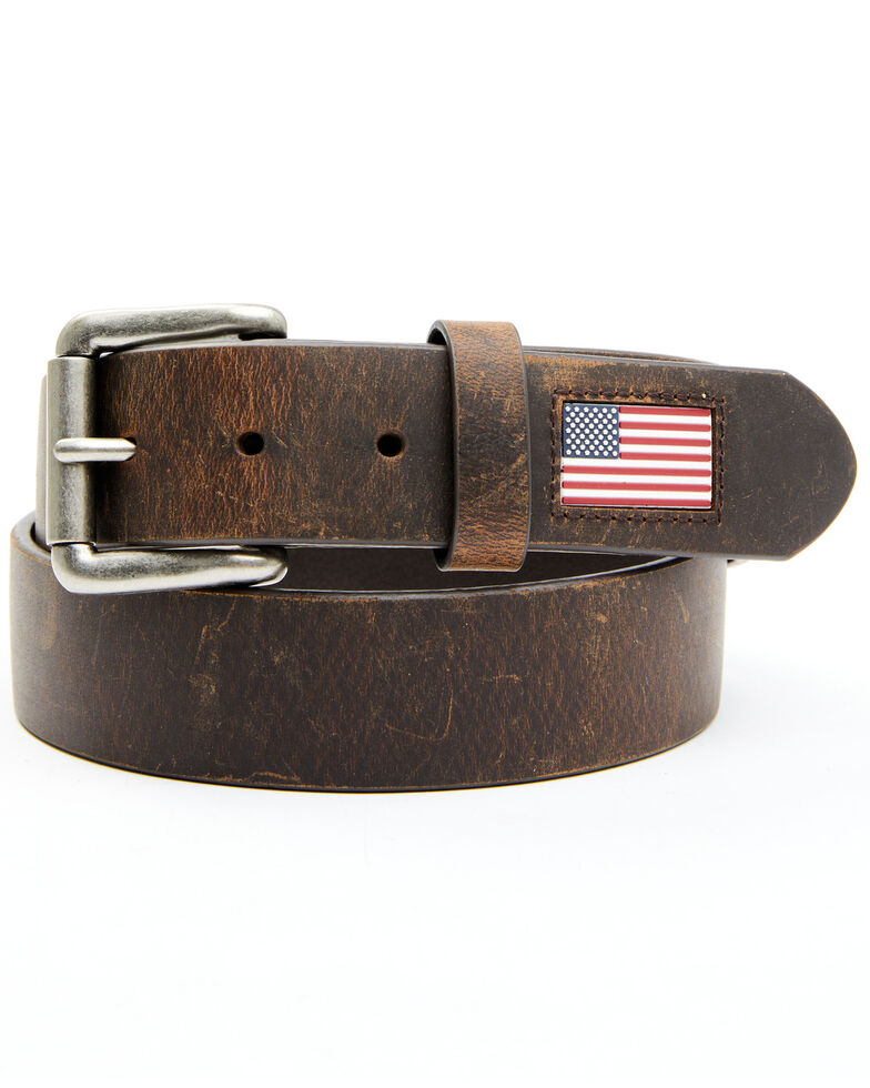 Hawx Men's Brown Leather Flag Tip Belt, Brown, hi-res