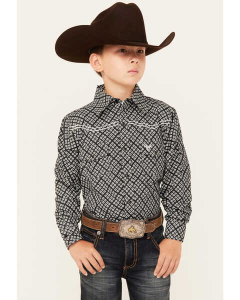 Image #1 - Cowboy Hardware Boys' Wild Gem Geo Print Long Sleeve Snap Western Shirt , Black, hi-res