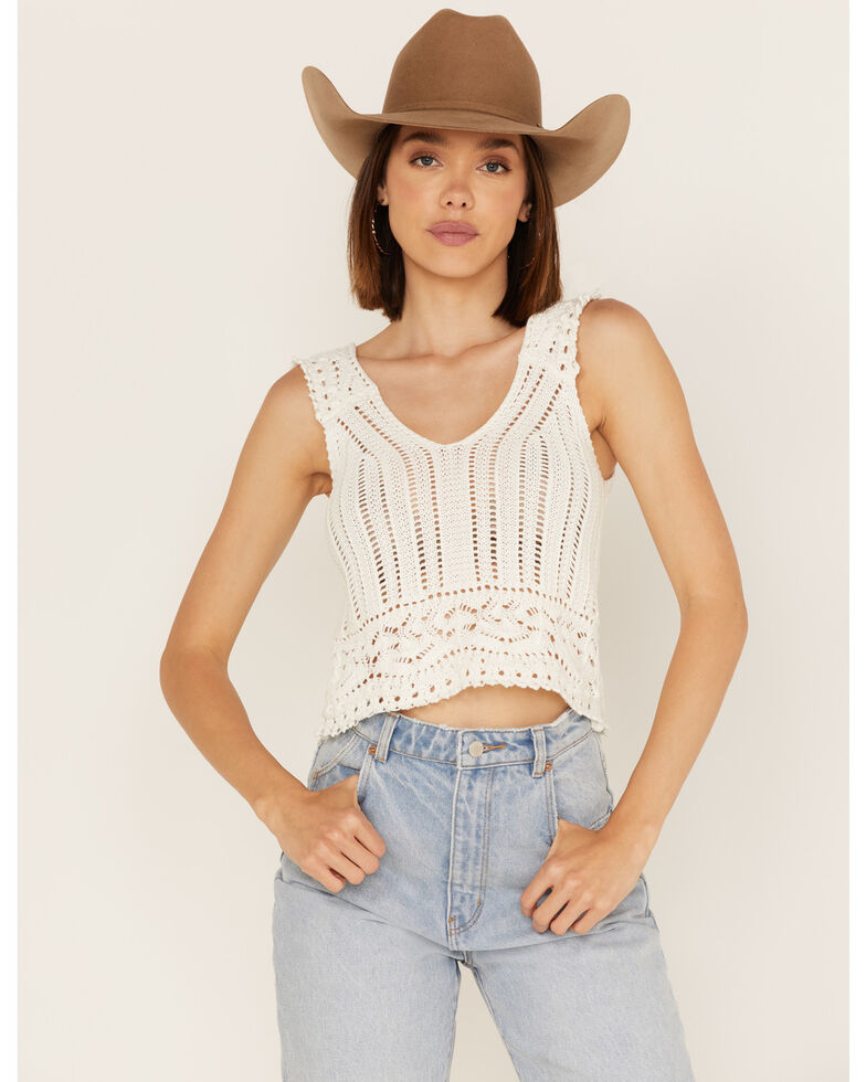 Shyanne Women's Lace Trim Sweater Tank Top, White, hi-res