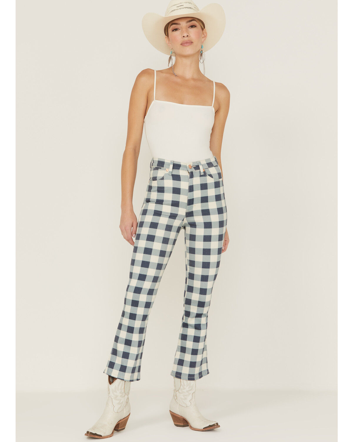 Image #1 - Wrangler Women's Checkered Flare Jeans, Blue, hi-res