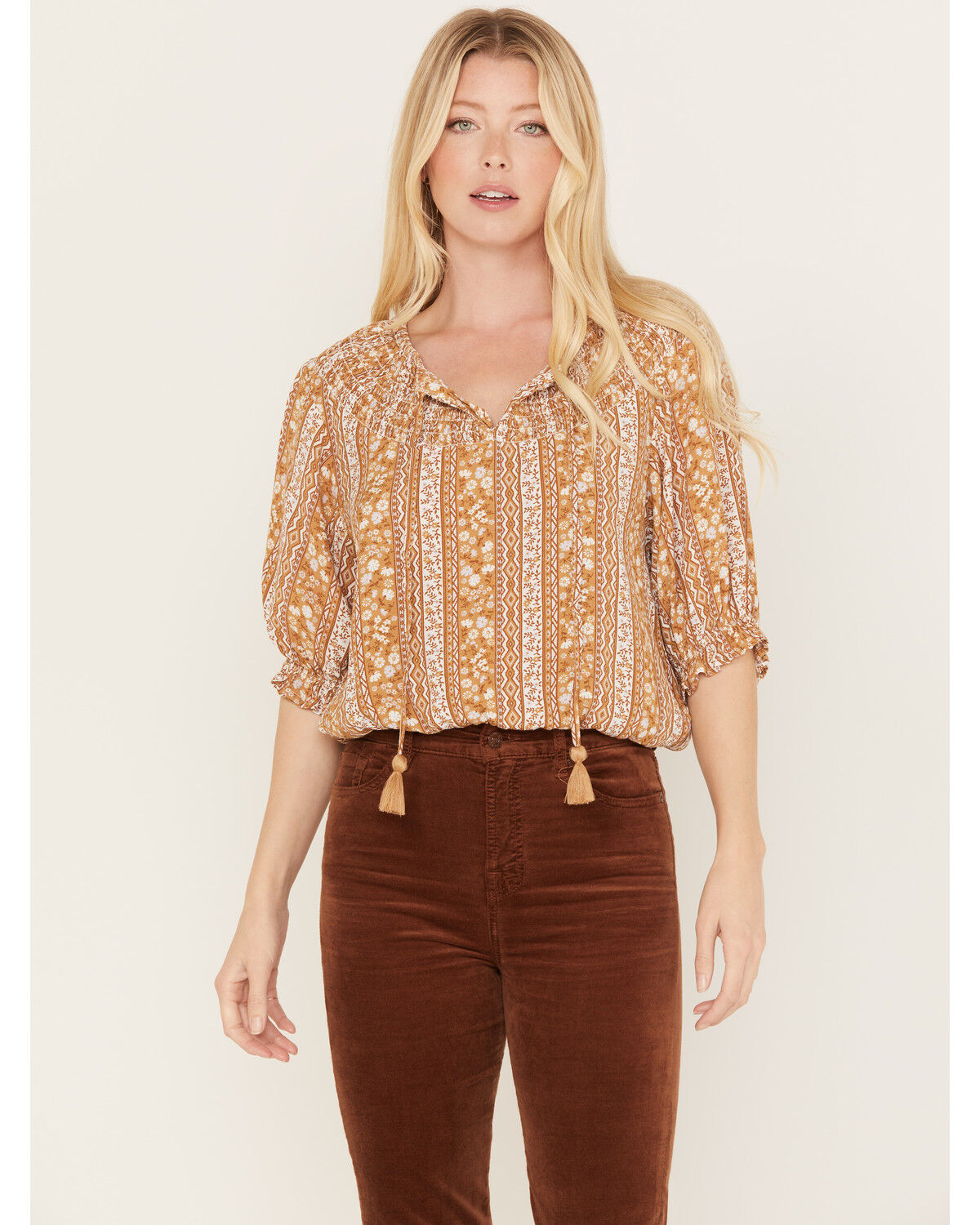 Image #1 - Wrangler Retro Women's Floral Striped Peasant Top, Brown, hi-res
