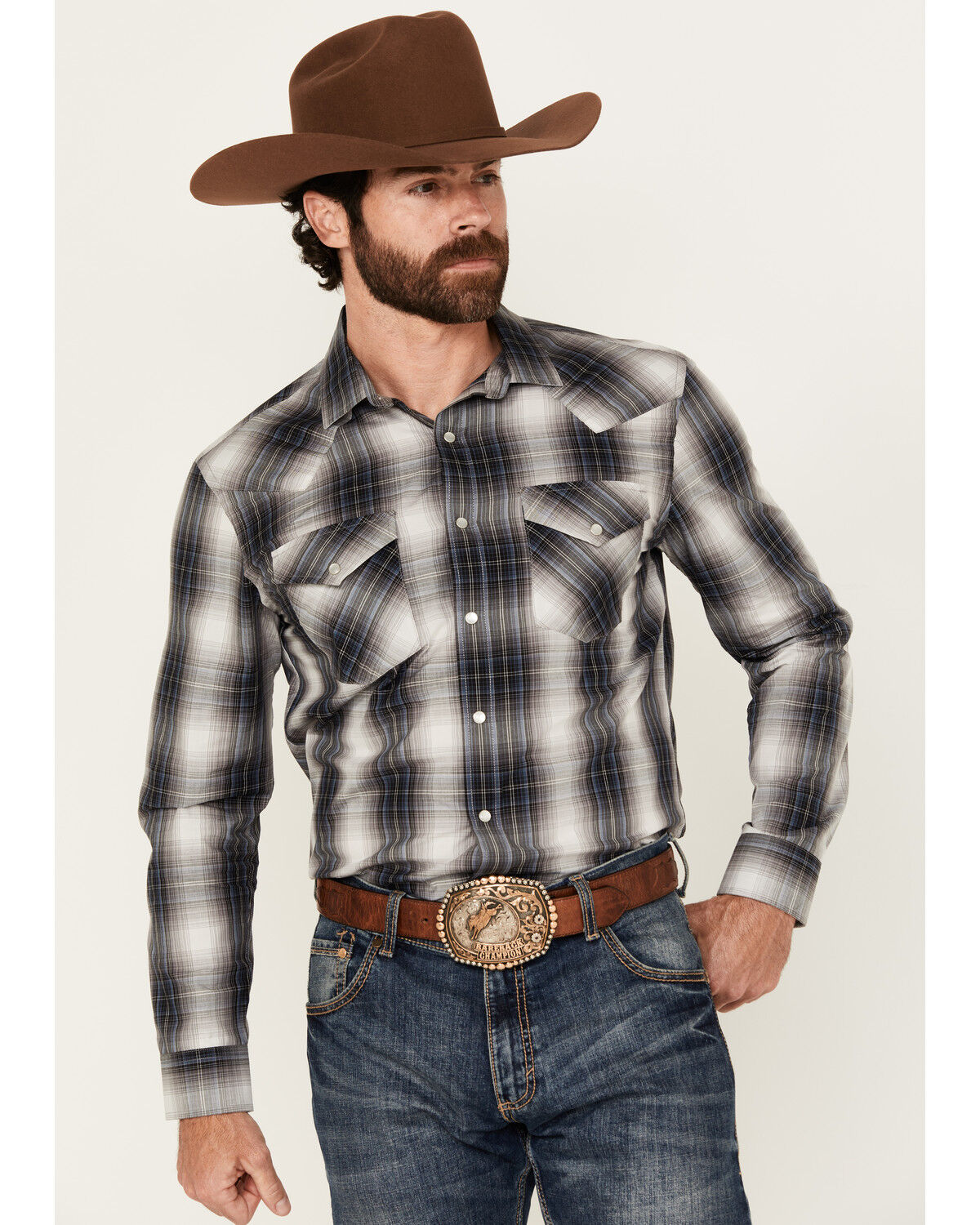 Image #1 - Pendleton Men's Frontier Plaid Print Long Sleeve Pearl Snap Western Shirt, Blue, hi-res