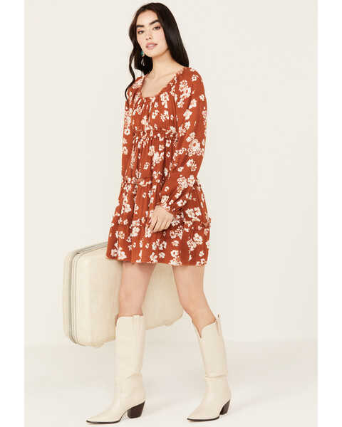 Image #1 - Wild Moss Women's Floral Print Ruffle Tiered Dress, Rust Copper, hi-res