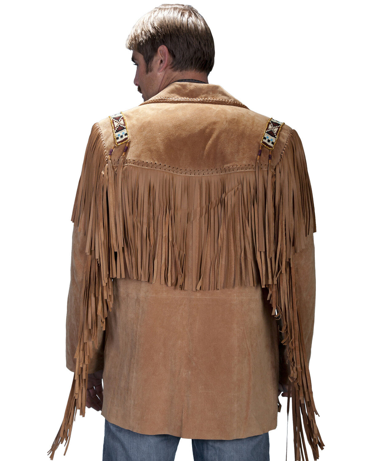 Image #2 - Scully Men's Bone Beaded Fringe Leather Jacket, Bourbon, hi-res