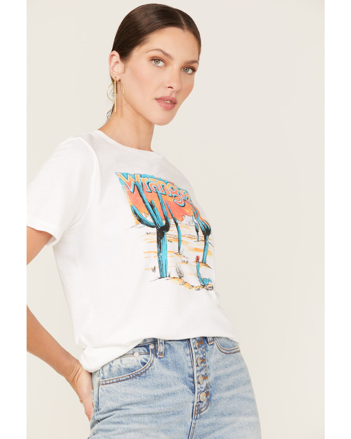 Image #2 - Wrangler Women's Boot Barn Exclusive Sunset Cactus Logo Graphic Tee, White, hi-res