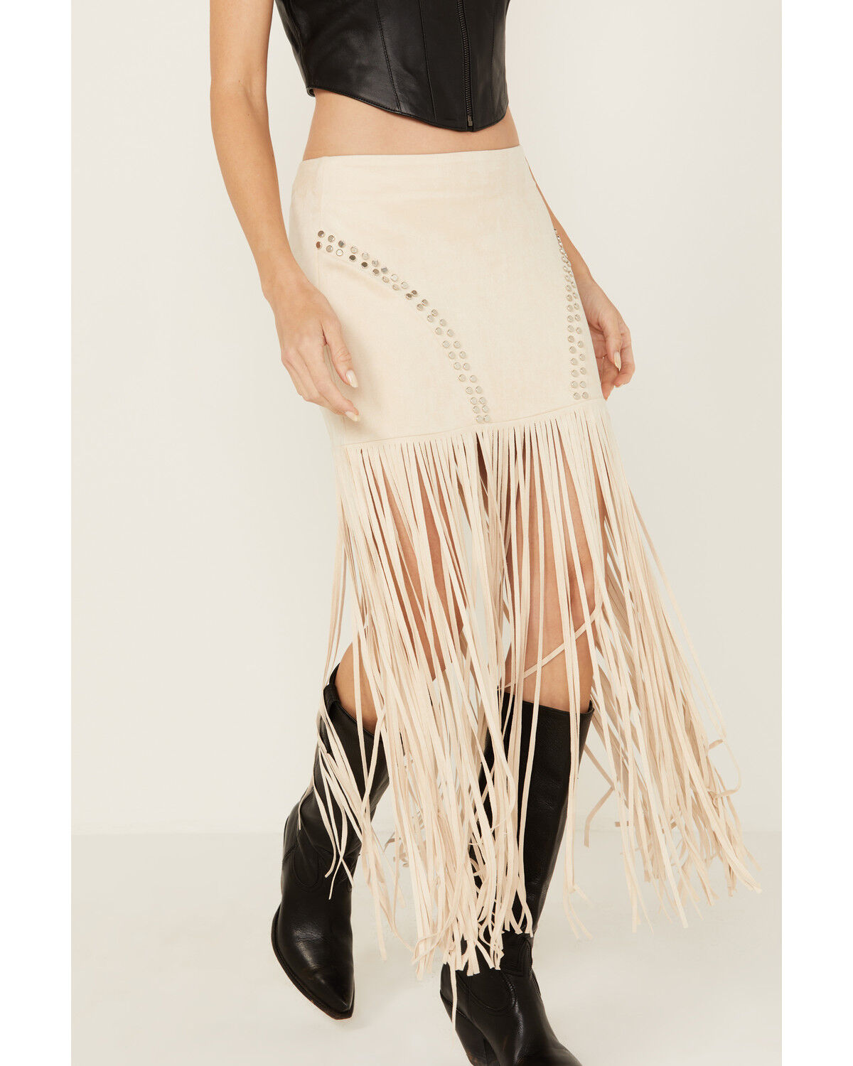 Image #2 - Vocal Women's Fringe Studded Skirt, Natural, hi-res