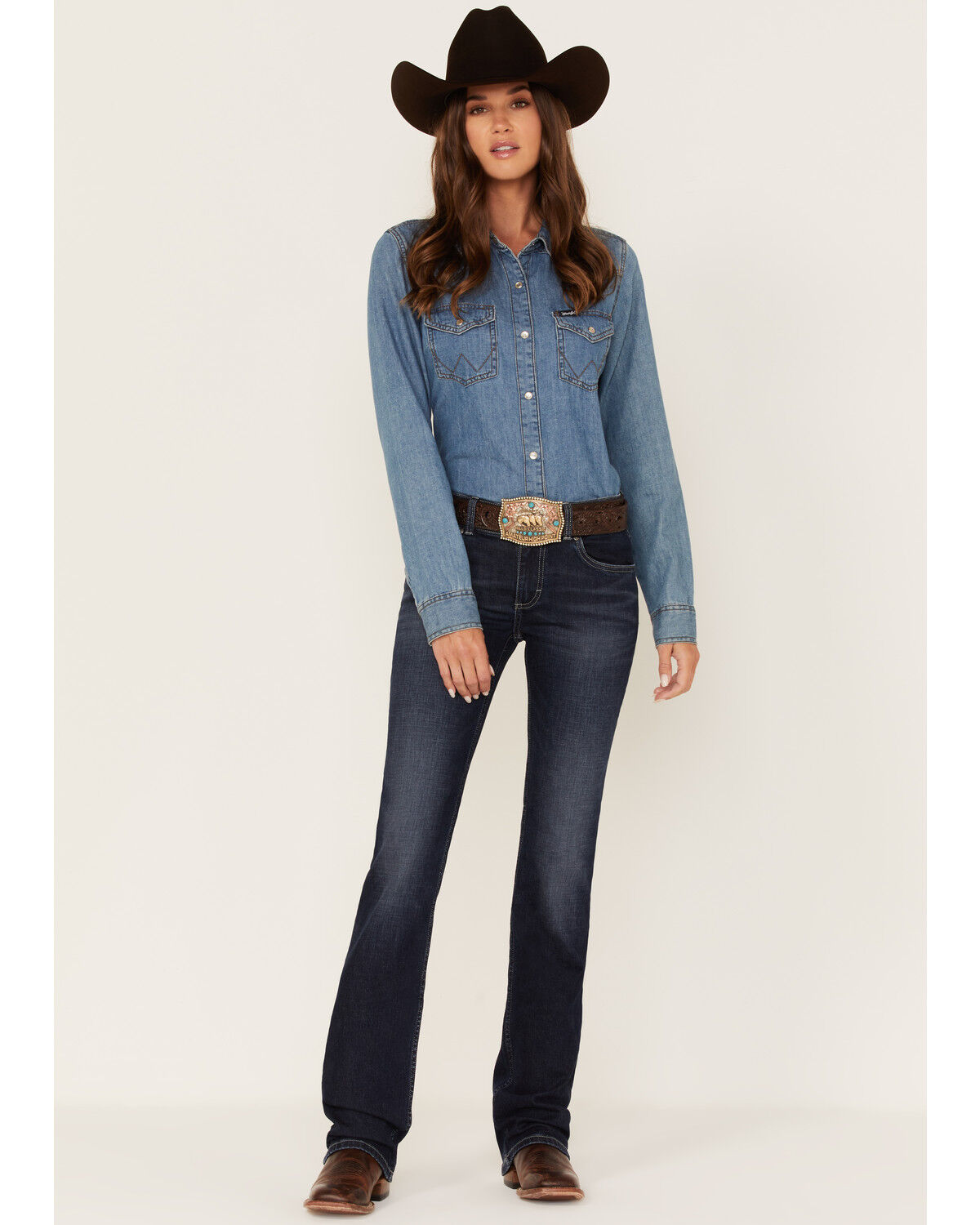 Image #1 - Wrangler Retro Women's Dark Wash Mid Rise Mae Alexis Stretch Bootcut Jeans, Blue, hi-res
