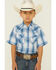 Ely Walker Boys' Textured Plaid Short Sleeve Snap Western Shirt , Blue, hi-res