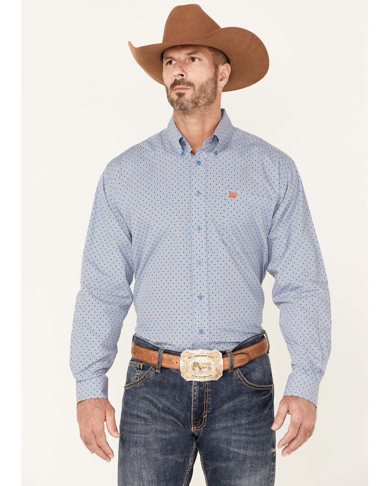 Cinch Men's Blue Diamond Geo Print Long Sleeve Button-Down Wester Shirt , Blue, hi-res