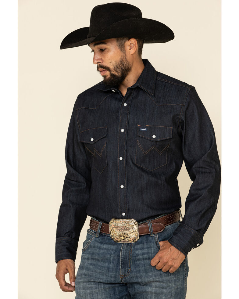 Wrangler Men's Advanced Comfort Stretch Denim Long Sleeve Work Shirt , Denim, hi-res