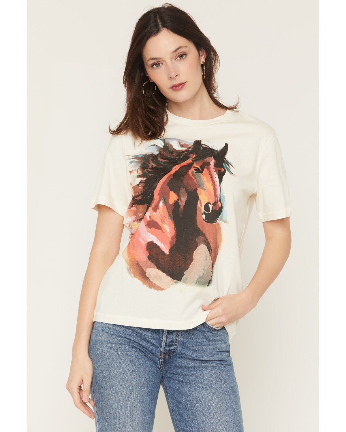 Image #1 - Shyanne Women's Studded Horse Short Sleeve Graphic Tee, Cream, hi-res