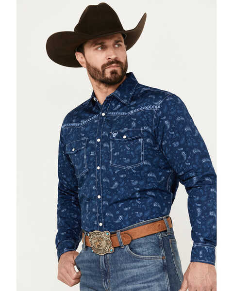 Image #2 - Cowboy Hardware Men's Roman Paisley Print Long Sleeve Western Pearl Snap Shirt, Navy, hi-res