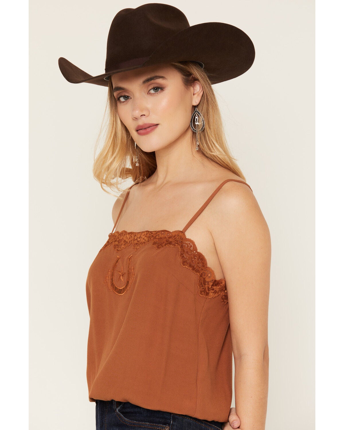 Image #3 - Idyllwind Women's Sage Satin Lace Cami, Caramel, hi-res