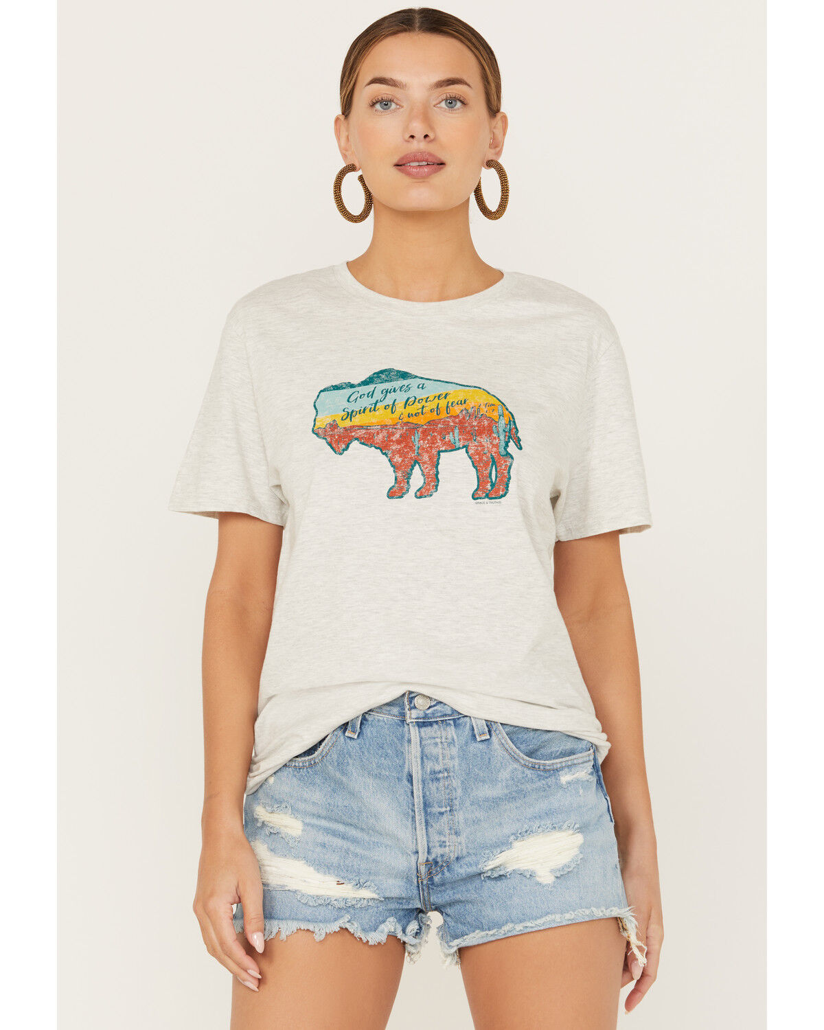 Image #1 - Kerusso Women's Bison Short Sleeve Graphic Tee, Oatmeal, hi-res