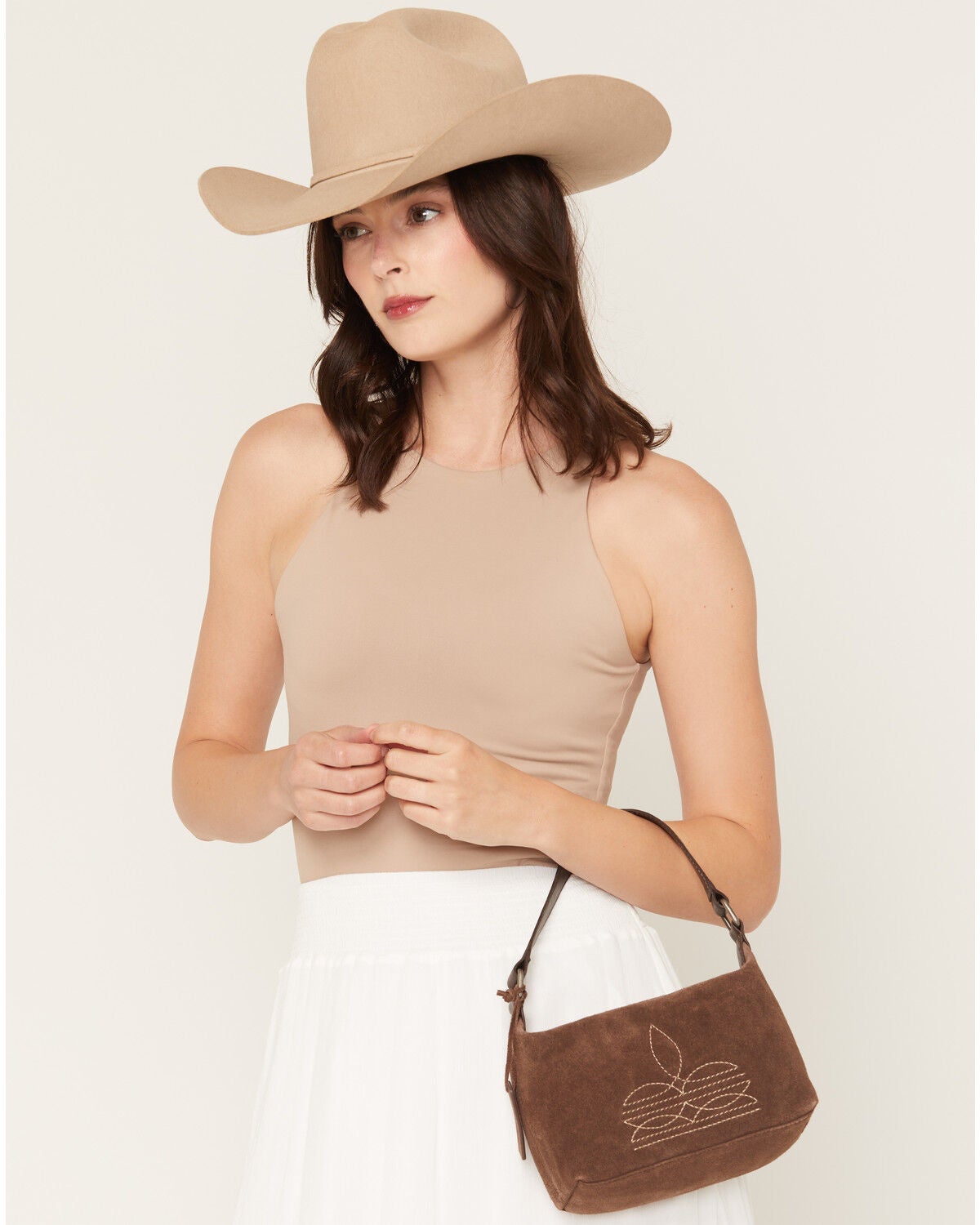 Image #1 - Shyanne Women's Boot Stitch Embroidered Suede Mini Shoulder Bag, Chocolate, hi-res