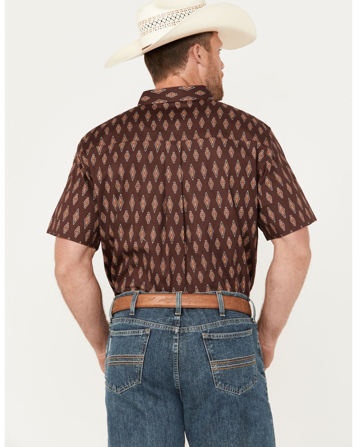 Image #4 - RANK 45&reg; Men's Cash Geo Print Short Sleeve Button-Down Stretch Western Shirt, Brown, hi-res