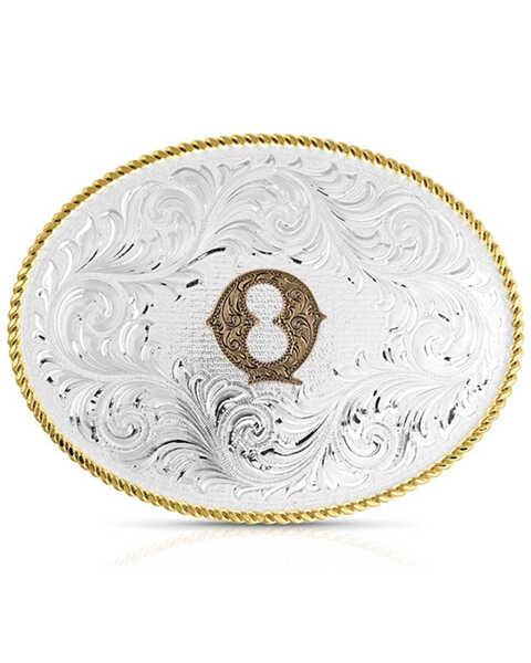 Montana Silversmiths Classic Western Oval Two-Tone Initial Belt Buckle - Q, Silver, hi-res
