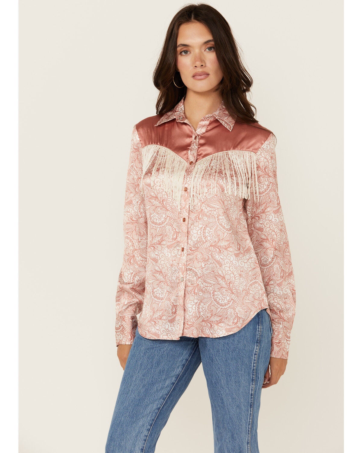 Scully Women's Paisley Print Fringe Long Sleeve Snap Western Shirt, Peach, hi-res