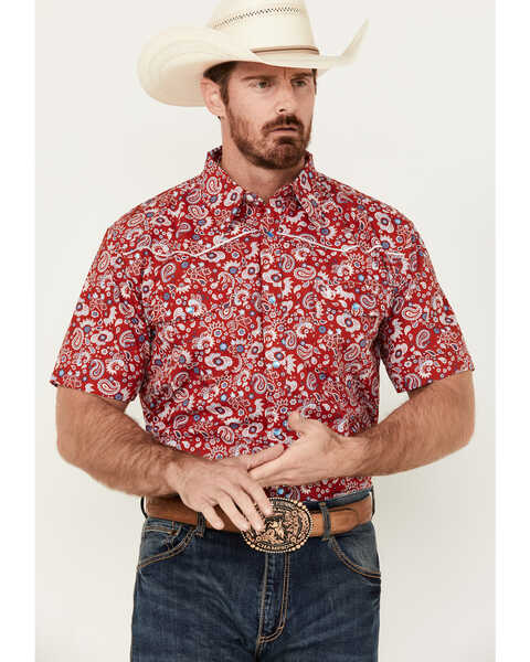 Image #1 - Cowboy Hardware Men's Boot Barn Exclusive Paisley Print Short Sleeve Pearl Snap Western Shirt, Red, hi-res