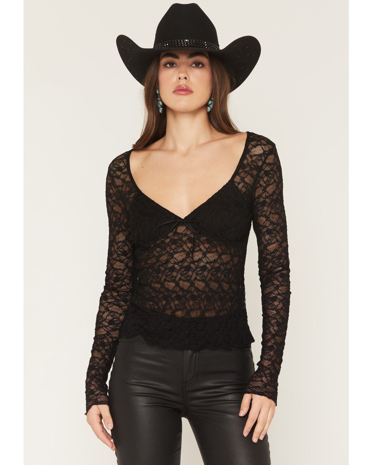 Image #1 - Miss Me Women's Lace Long Sleeve Shirt, Black, hi-res