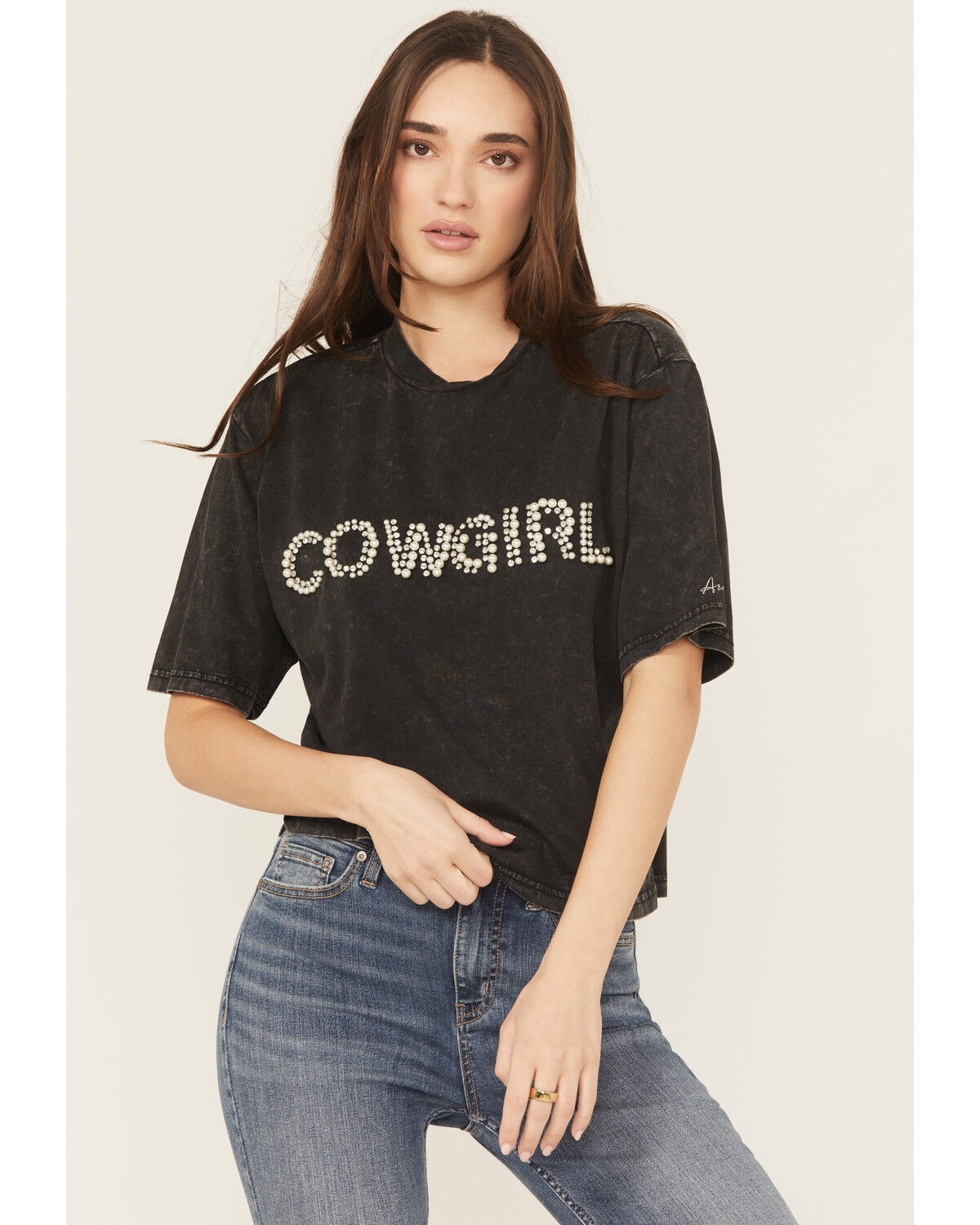 Image #1 - Ariat Women's Cowgirl Short Sleeve Embellished Tee, Black, hi-res
