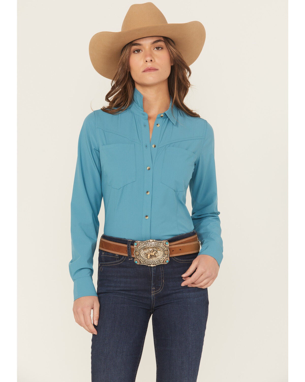 Shyanne Women's Solid Long Sleeve Button-Down Performance Shirt, Turquoise, hi-res