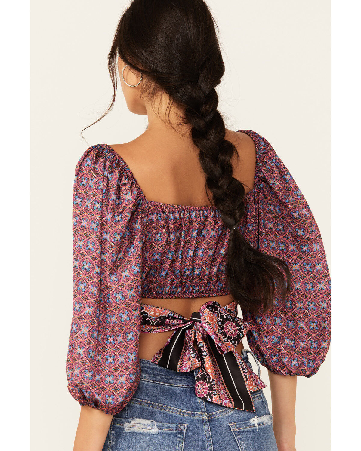 Image #4 - Beyond The Radar Women's Border Print Tie Back Top, Purple, hi-res