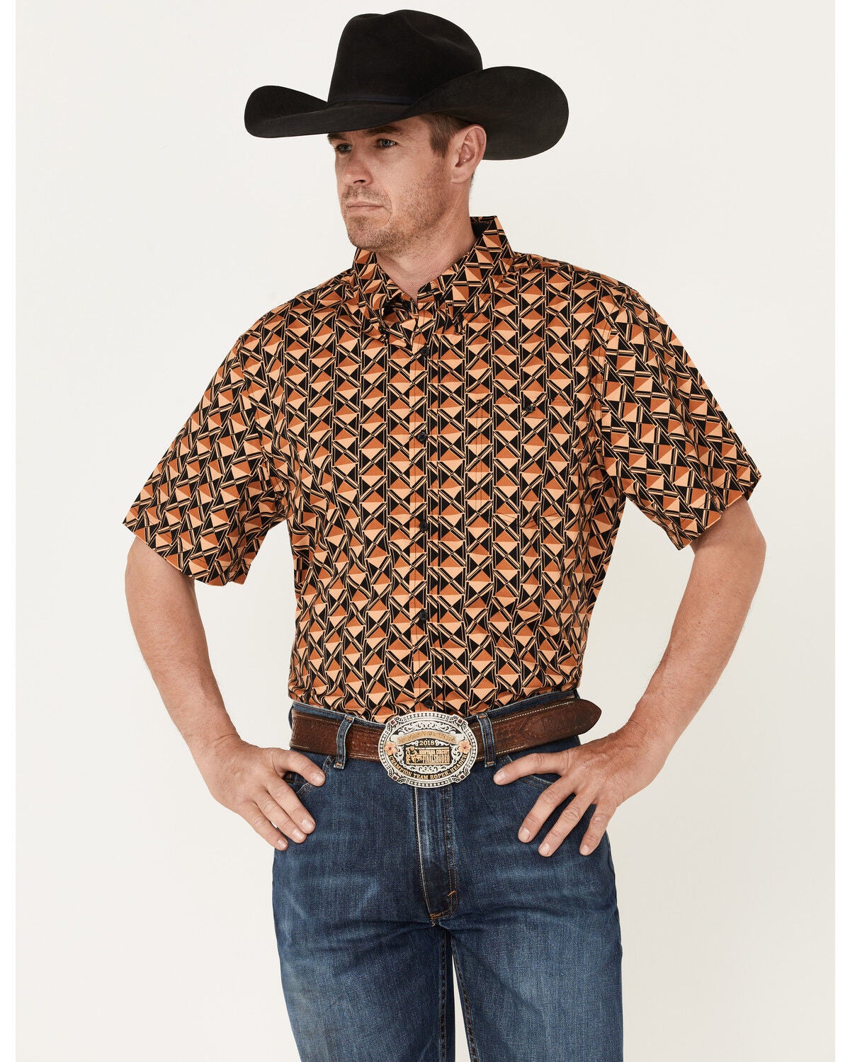 Image #1 - RANK 45&reg; Men's Chisel Geo Print Short Sleeve Button-Down Western Shirt, Brown, hi-res