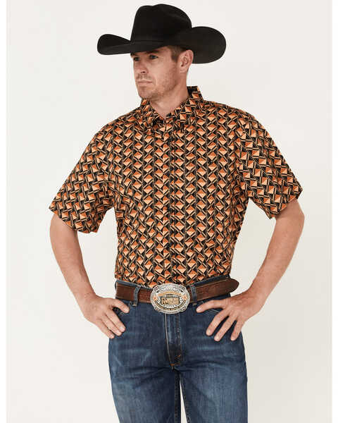 Image #1 - RANK 45® Men's Chisel Geo Print Short Sleeve Button-Down Western Shirt , Brown, hi-res