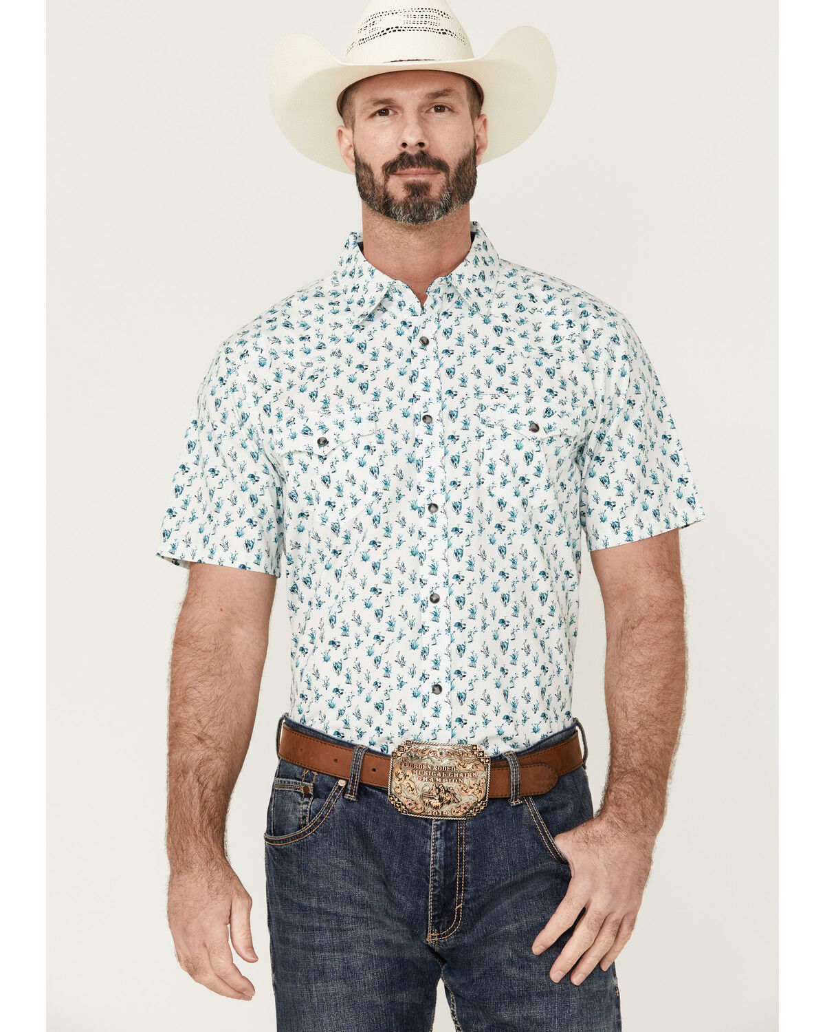 Image #1 - Moonshine Spirit Men's Blue Agave Floral Print Short Sleeve Snap Western Shirt, White, hi-res