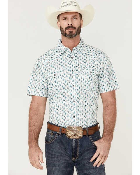 Image #1 - Moonshine Spirit Men's Blue Agave Floral Print Short Sleeve Snap Western Shirt  , White, hi-res
