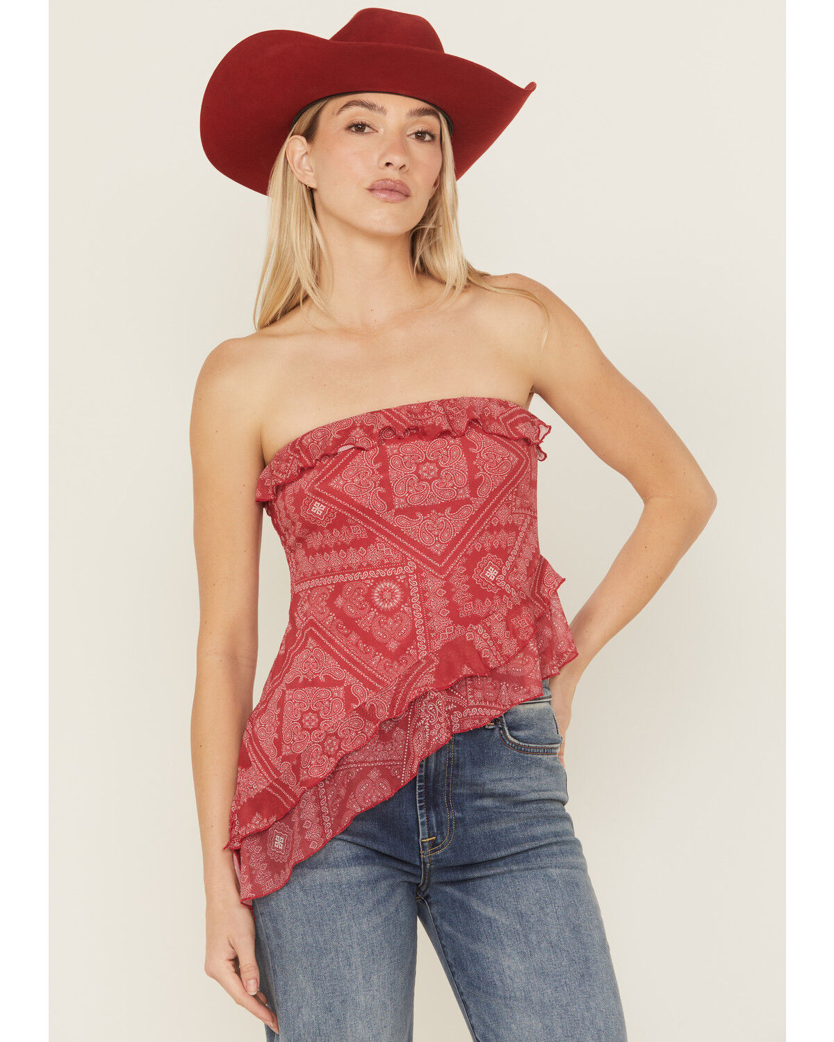 Image #1 - Shyanne Women's Bandana Print Asymmetrical Strapless Top, Red, hi-res