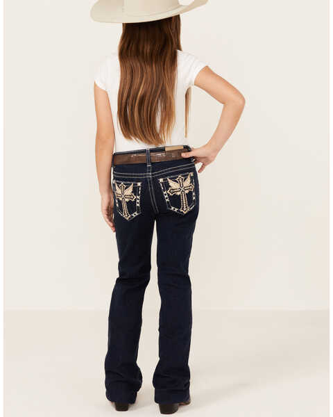 Image #3 - Miss Me Girls' Dark Wash Wing Cross Pocket Bootcut Stretch Denim Jeans , Blue, hi-res