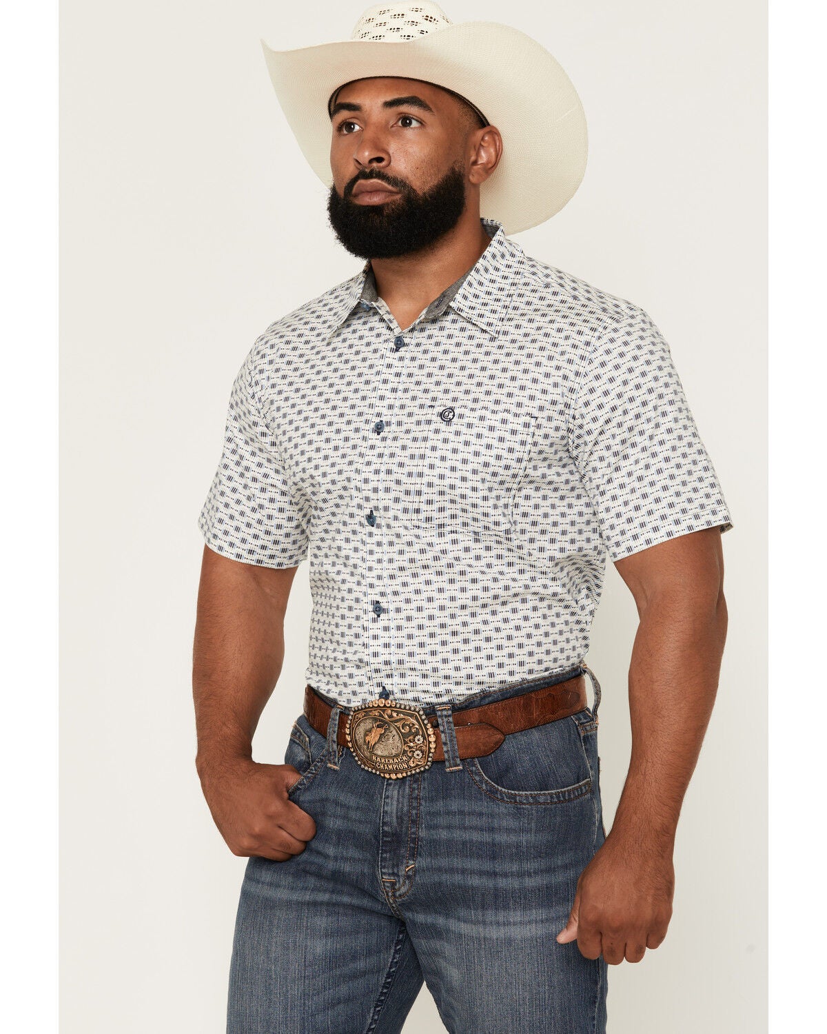Cody James Men's Re Ride Geo Print Short Sleeve Button-Down Stretch Western Shirt, Ivory, hi-res