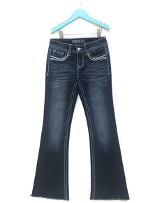 Grace In LA Girls' Dark Wash Dreamcatcher Catcher Feather Pocket Bootcut Jeans, Blue, hi-res