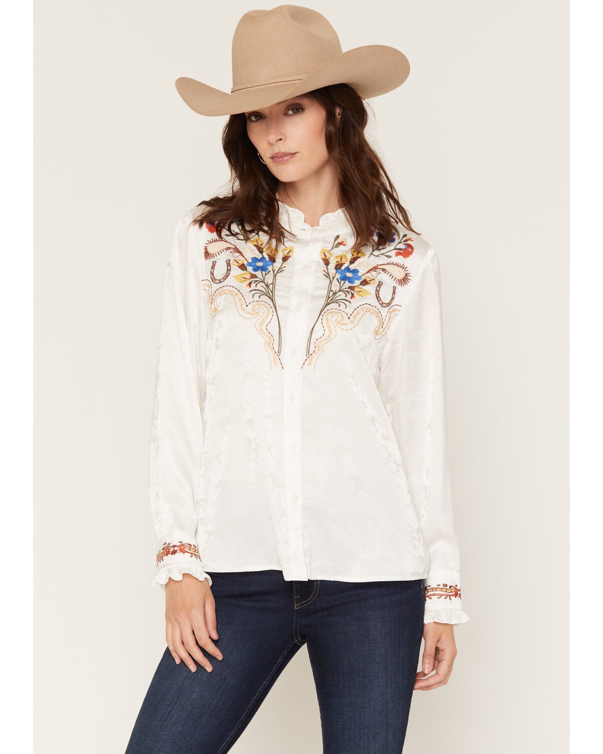Wild Moss Women's Embroidered Button-Down Long Sleeve Top, White, hi-res