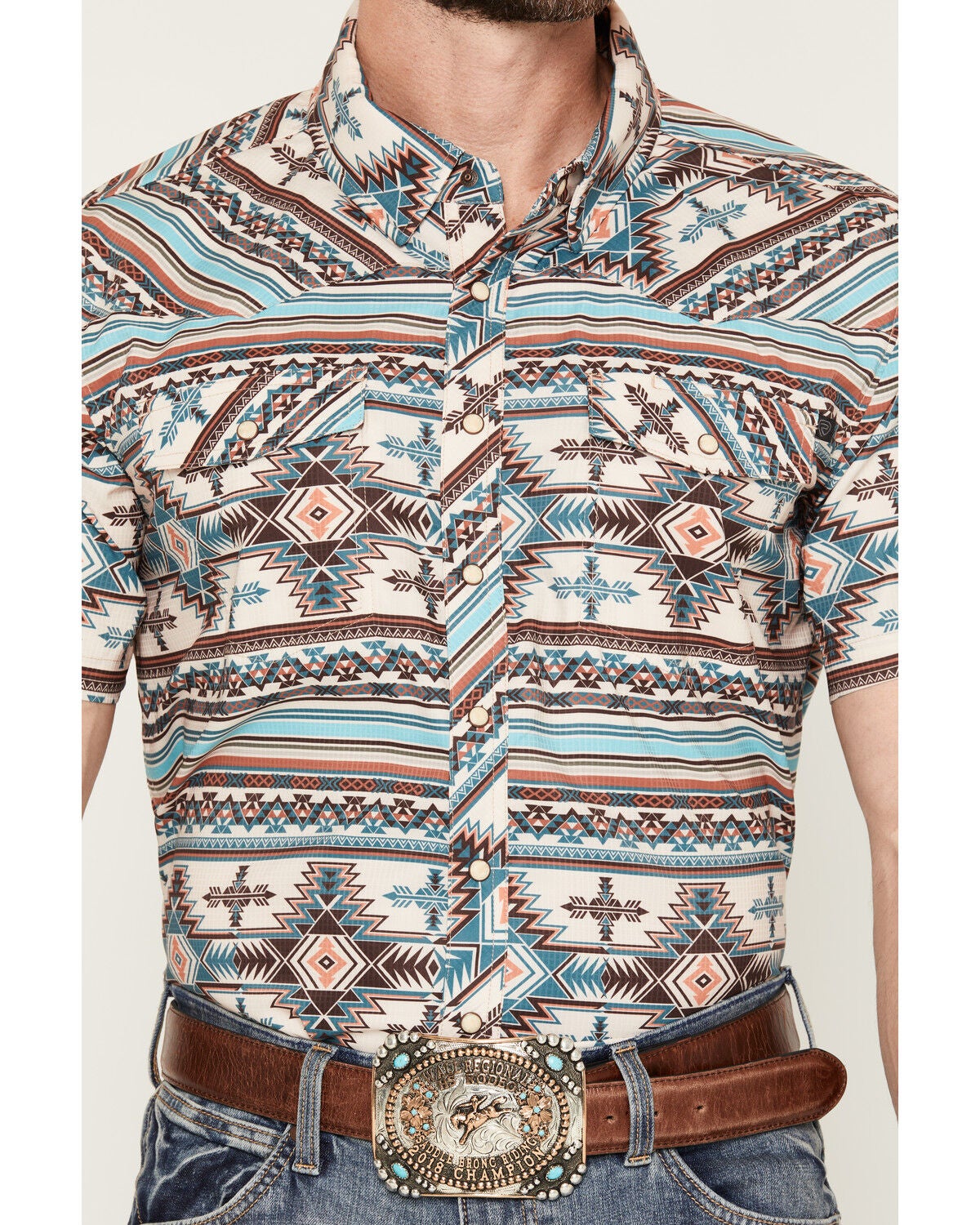 Image #3 - Rock & Roll Denim Men's Tek Southwestern Print Short Sleeve Snap Stretch Western Shirt, Natural, hi-res