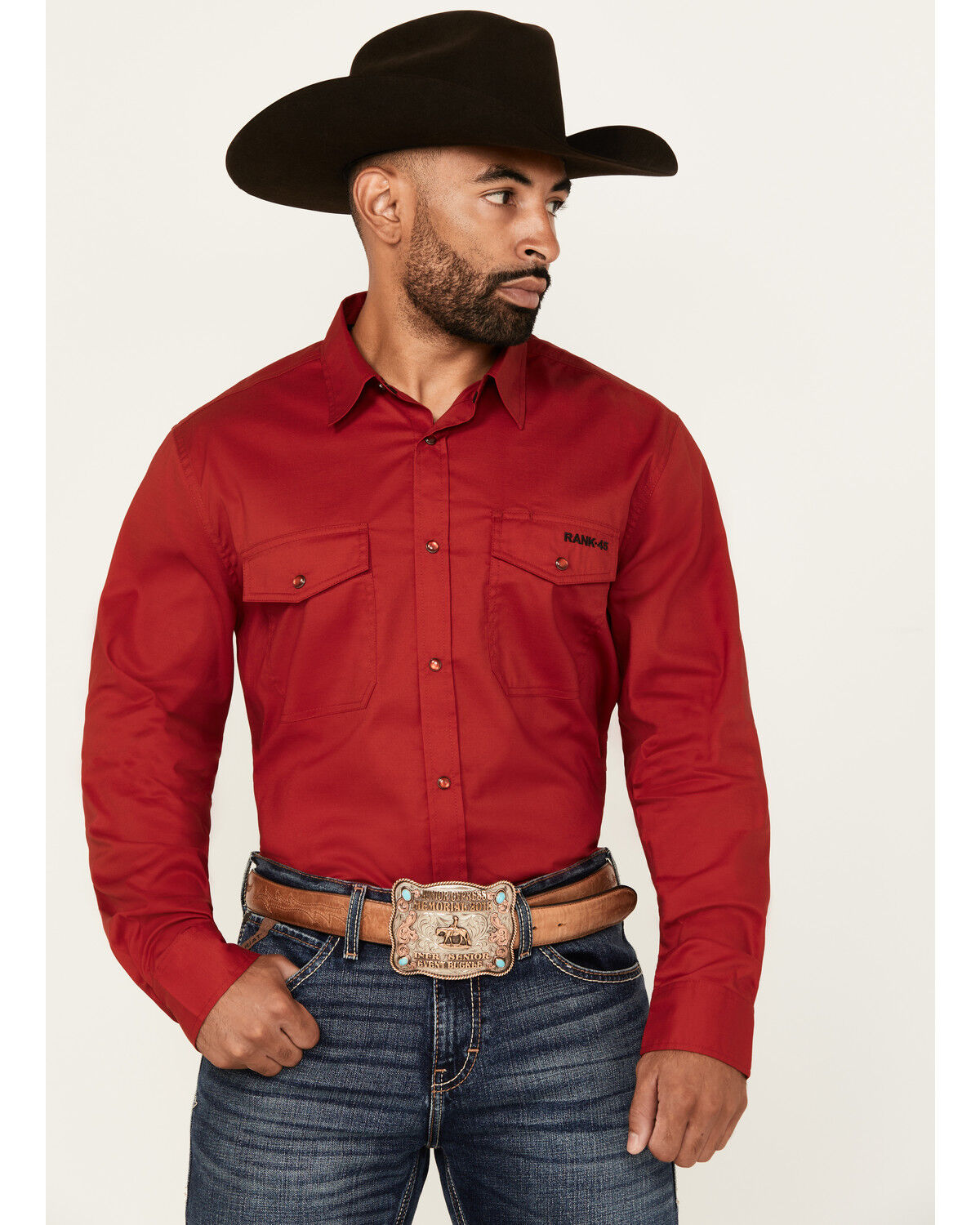 Image #1 - RANK 45® Men's Ruffalo Solid Long Sleeve Pearl Snap Performance Western Shirt, Red, hi-res