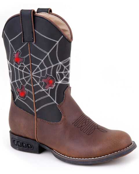 Roper Boys' Light Up Spider Web Cowboy Boots - Round Toe, Brown, hi-res